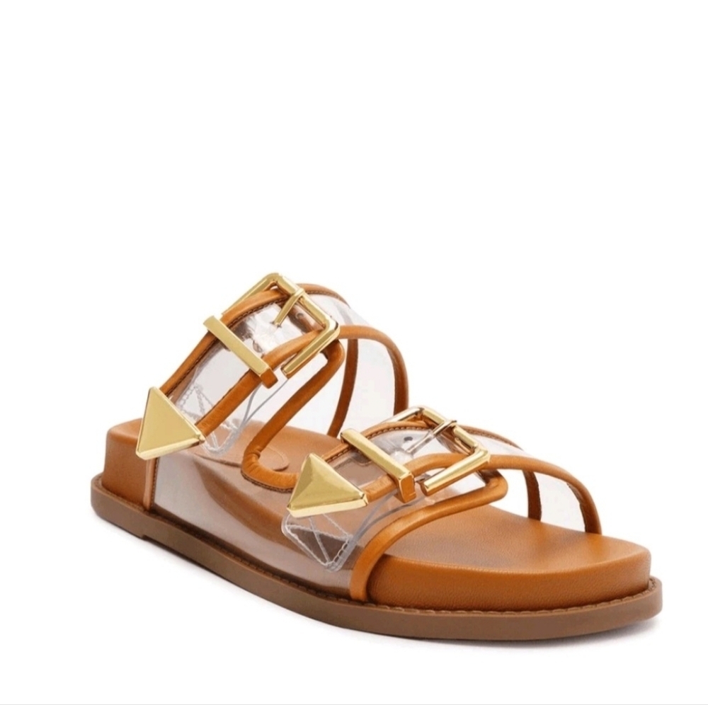 Schutz Naomi Vinyl Brown Double Strap Sporty Slip On Sandals Size 9